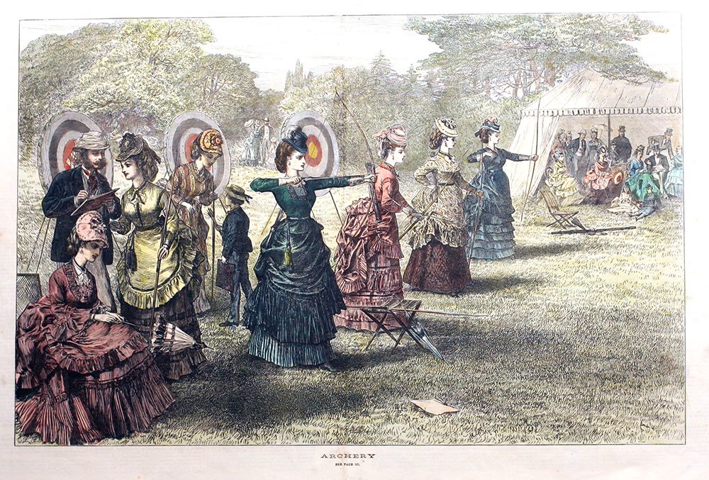 Illustration showing ladies participating in a competitive archery event. Dramatic central figure with her bow drawn, aiming her arrow to the right, as other women prepare to shoot.
