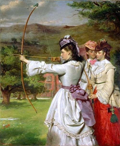A painting of an ornately attired woman in profile drawing a bow and aiming at a target out of frame, as two other women of similar appearance look on.