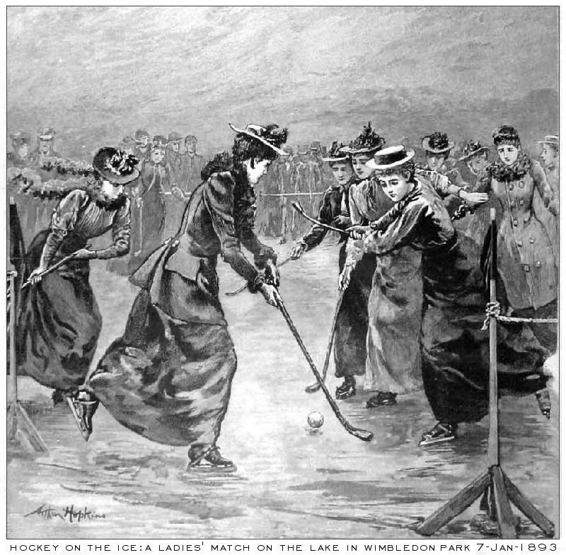 Illustration of women in dresses competing in an ice hockey match, while spectators look on.
